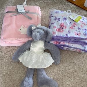 Lot of baby girl blankets & rattle stuffed animal